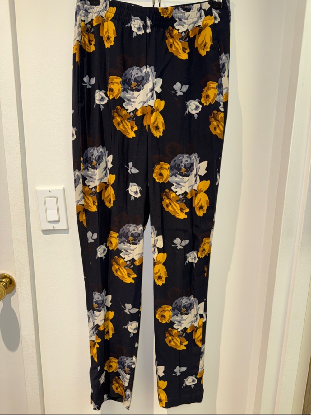 Theory Black Floral Pants with Mustard & Gray Blooms